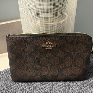 Coach Signature Brown Wristlet with Gold Accents